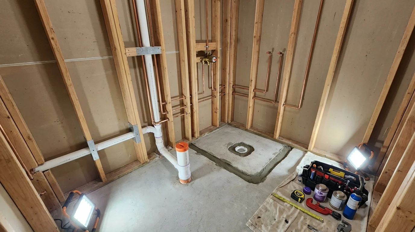 Bathroom rough-in plumbing during remodel by Johns Plumbing LLC in Millstadt