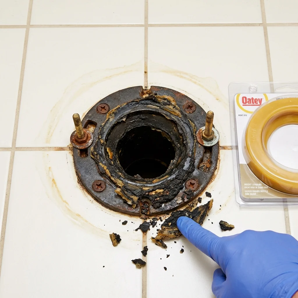 Failed wax ring showing water seepage at the base of a toilet in a Millstadt, IL home