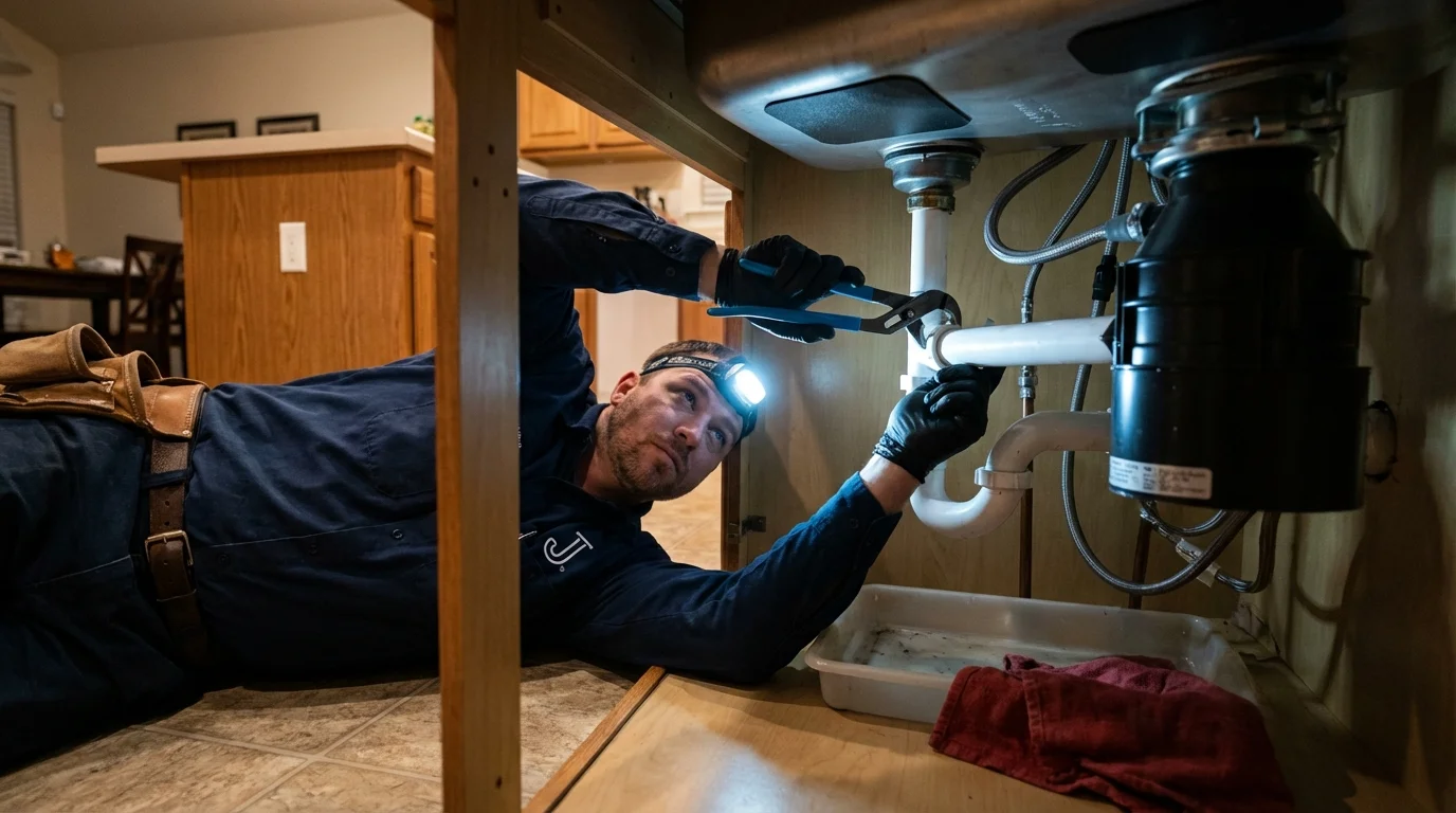 P-trap and supply line connections under a kitchen sink showing a common leak point in Millstadt, IL